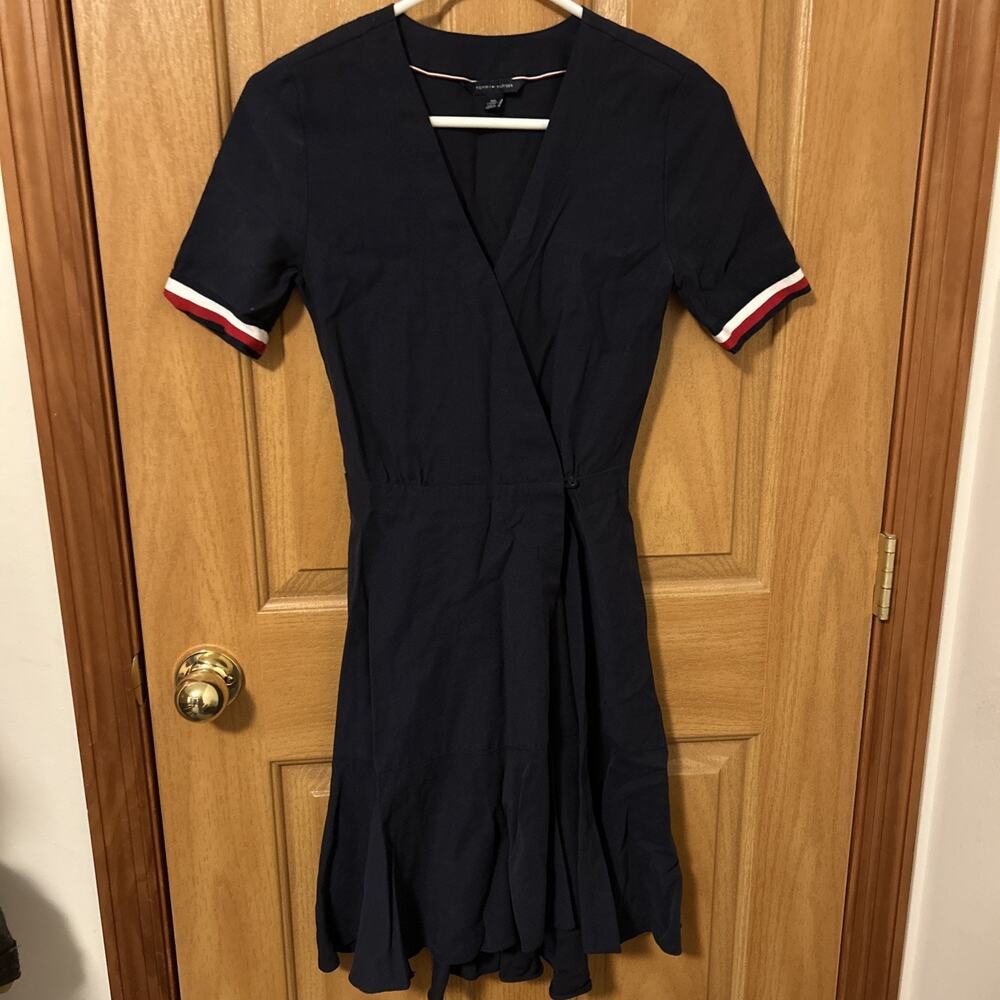 Vintage Tommy Hilfiger Navy Wrap Dress Size XXS Fit And Flare Red White Trim